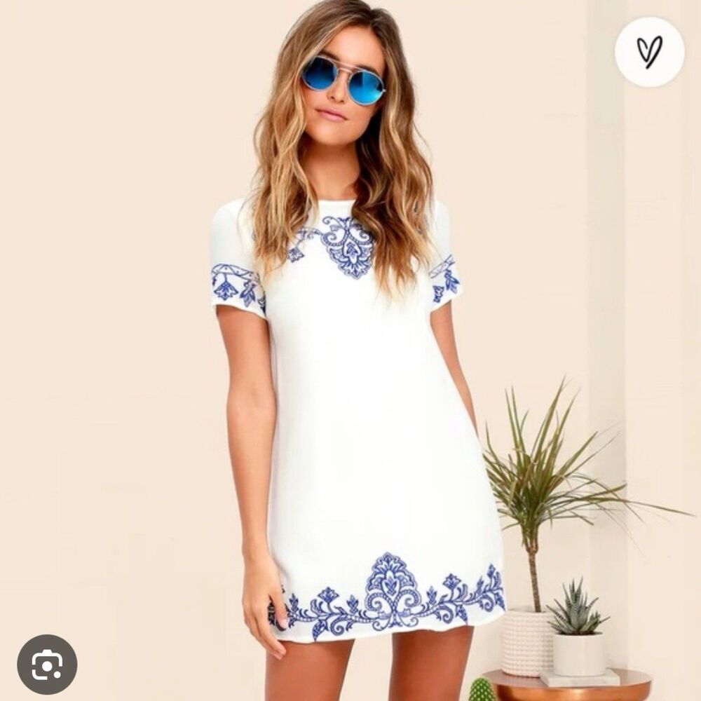 Lulus X-Large Tale To Tell Mini Dress Embroidered White Short Sleeve Womens